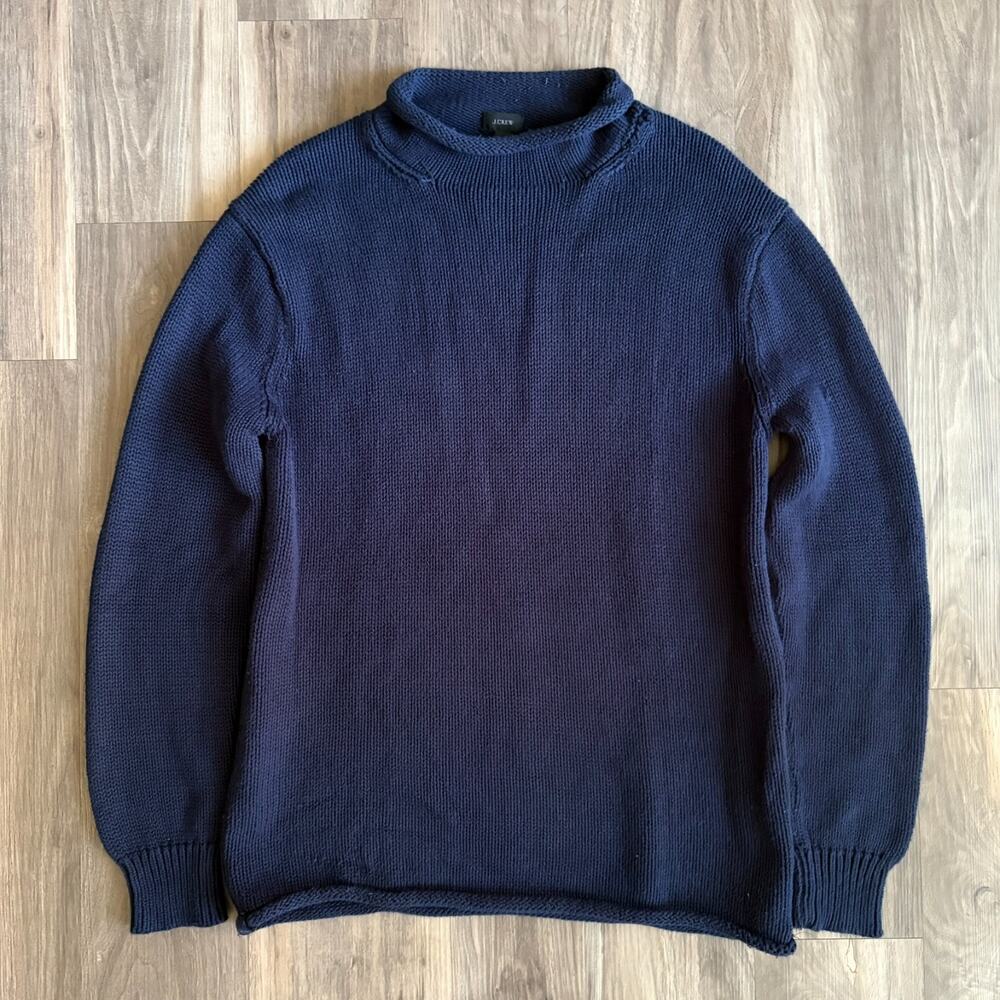 Vintage J Crew Roll Neck Sweater Women's Size M Navy Blue Fisherman Cotton